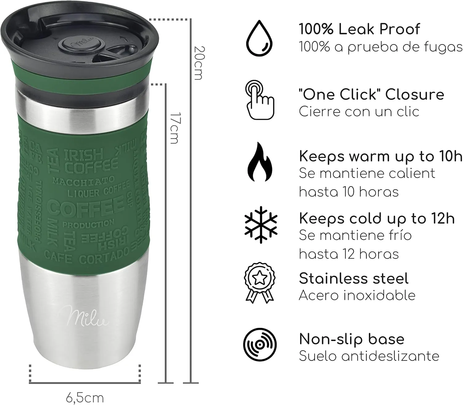 Milu Taza aislante de café y té para llevar 370ml 450ml - 100% a prueba de fugas - Taza de acero inoxidable para beber - vaso de