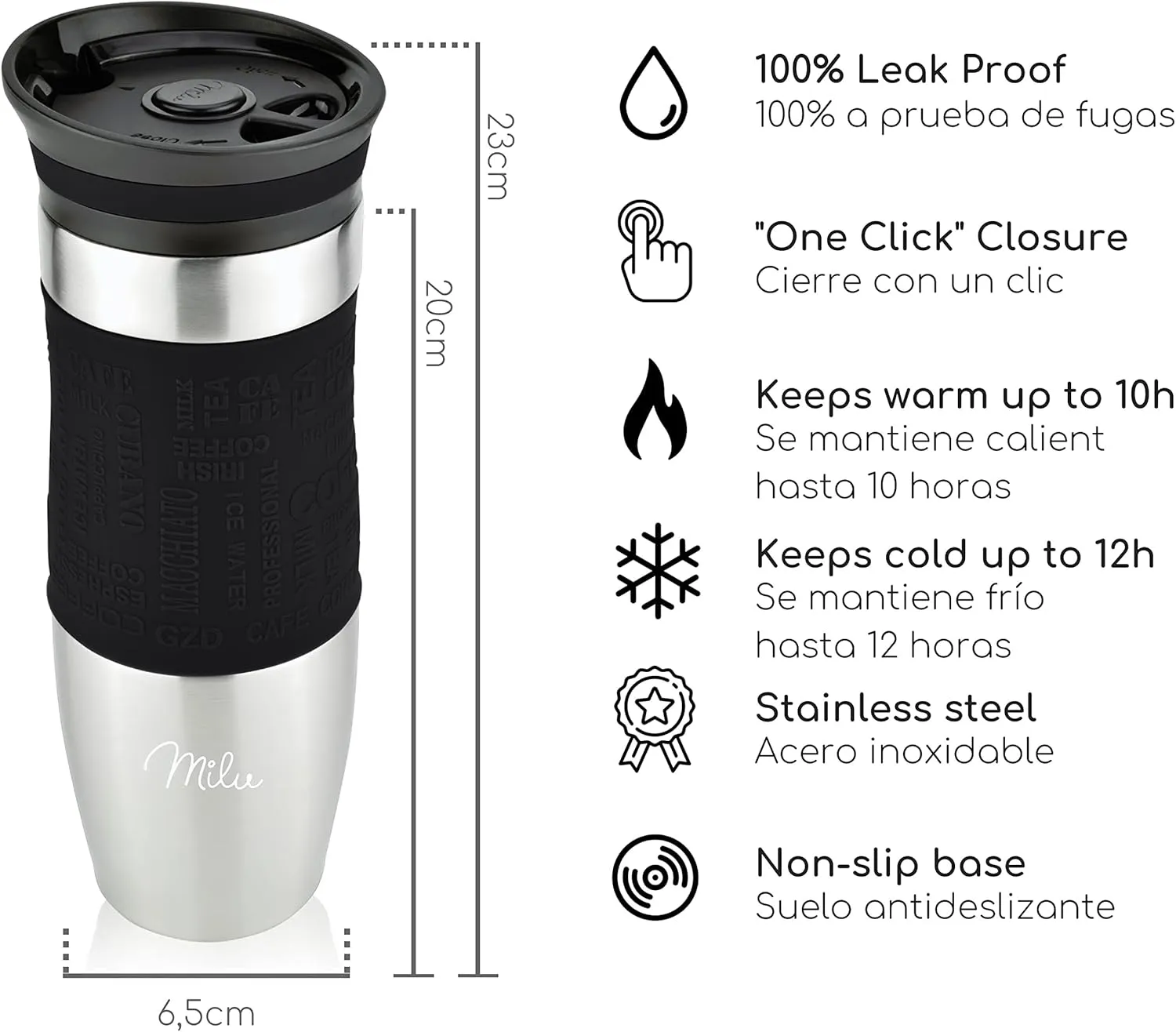 Milu Taza aislante de café y té para llevar 370ml 450ml - 100% a prueba de fugas - Taza de acero inoxidable para beber - vaso de