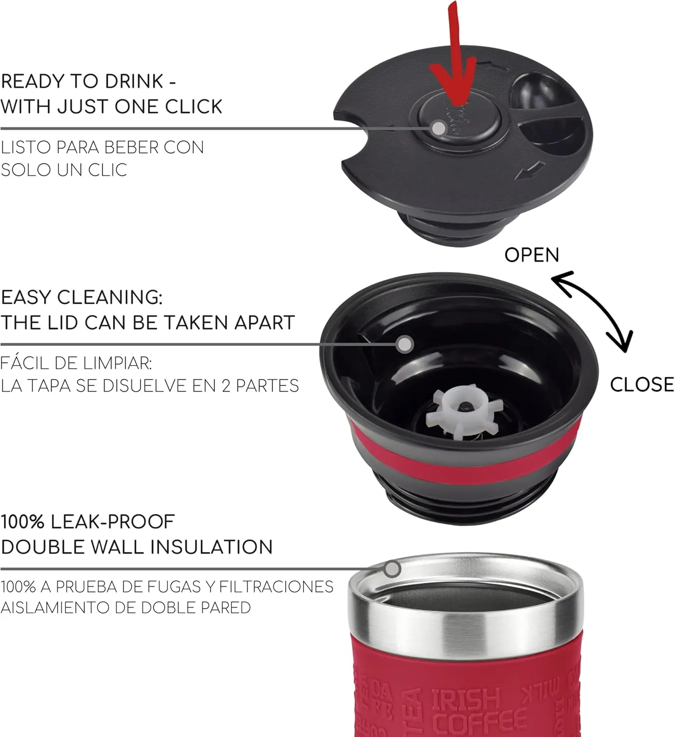Milu Taza aislante de café y té para llevar 370ml 450ml - 100% a prueba de fugas - Taza de acero inoxidable para beber - vaso de