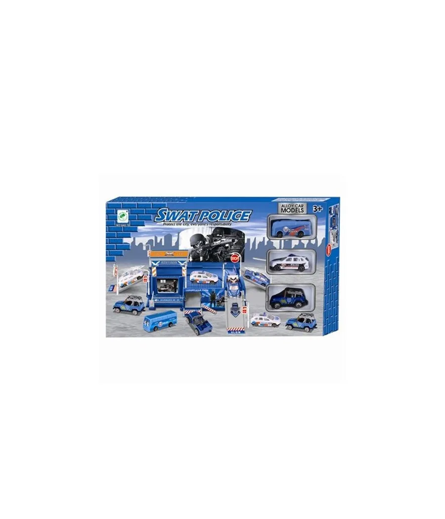 PLAYSET GARAJE COMISARIA SWAT CON RAMPAS PITSTOP 3 COCHES Y ACCESORIOS
